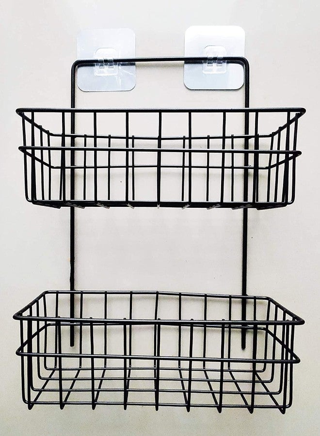 HaRvic 2 Layer Metal Wall Hanging Kitchen Storage Rack Magic Sticker Shower Rack Home Decor Shelf Bathroom Home Kitchen Spice Jar Bottle Storage Rack (Black) - Image 2